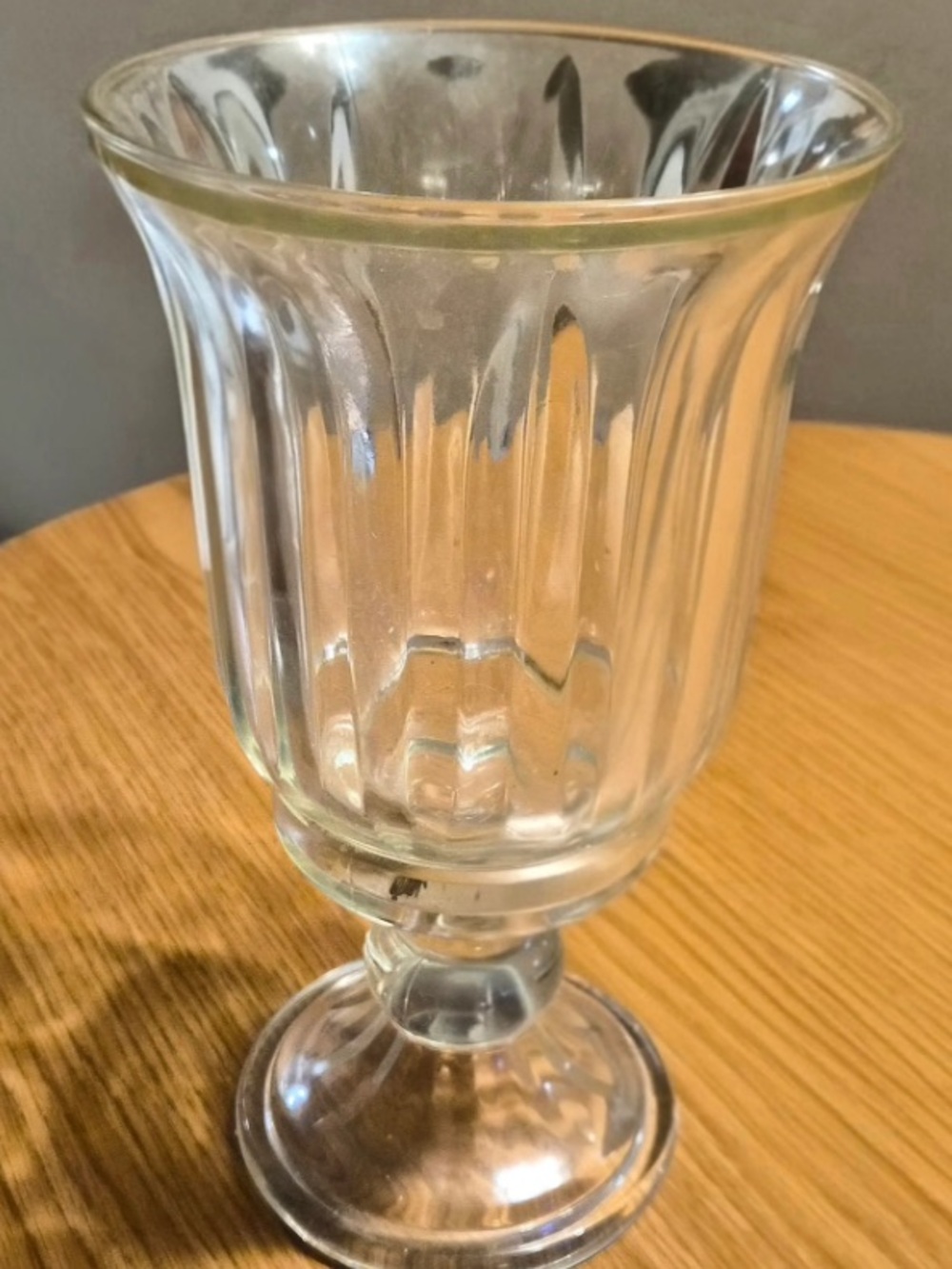 Home Interiors Hurricane Vase Candle Holder Clear Glass Ribbed Footed Ball Stem.